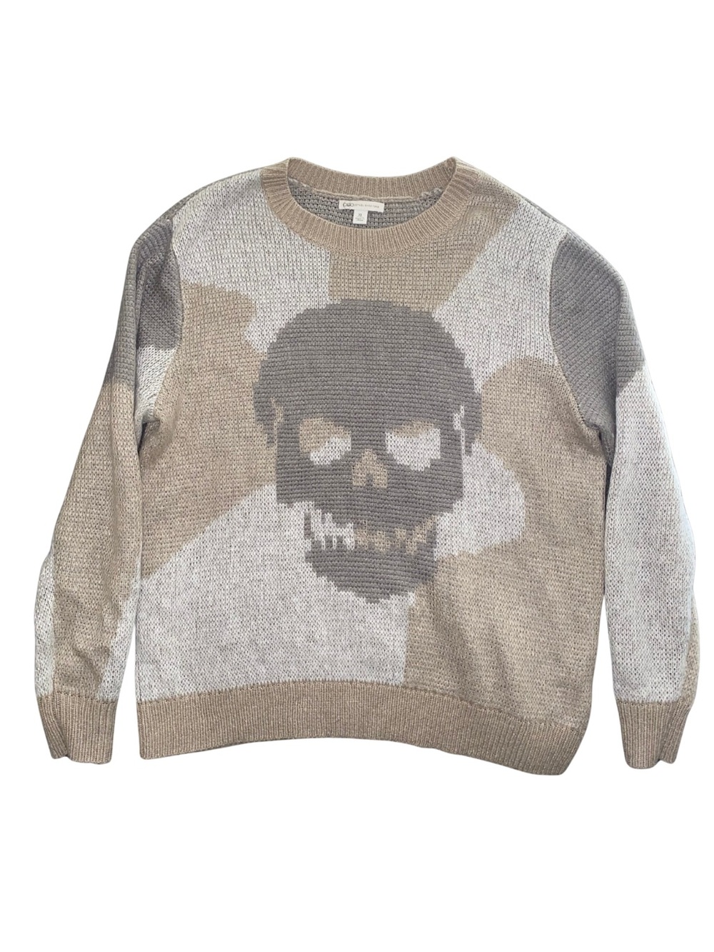 Cato Womens XL Skull Camo Sweater Open Knit Beige Gray Goth Halloween Pullover